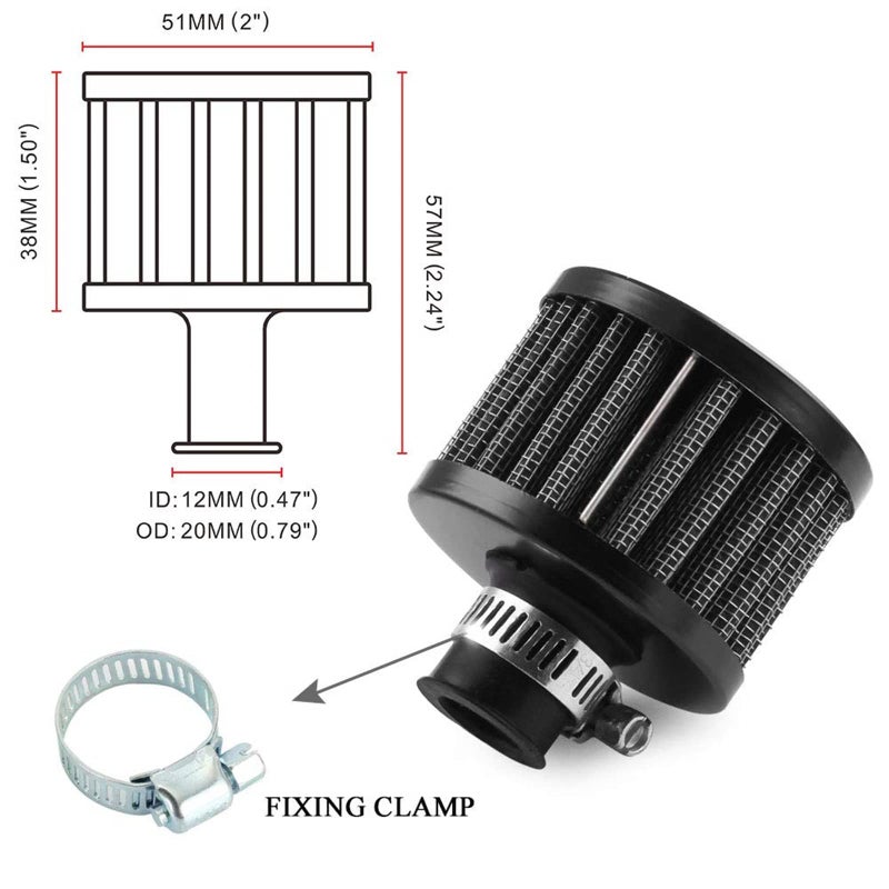 RYANSTAR RACING RYANSTAR 12mm Air Filter Cold Air Intake Filter Breather Turbo Vent Universal Air Intake Filter Cleaner Black Compatible with car and Motorcycle - Image 5